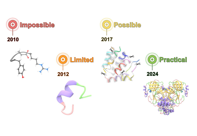 Graphic showing a timeline of progress in protein design from 2010 to 2024. In 2010, labeled “Impossible,” a small chemical structure is shown. In 2012, labeled “Limited,” a simple ribbon-like protein fragment appears. In 2017, labeled “Possible,” a more complex folded protein structure is shown with scissors icons indicating editable segments. In 2024, labeled “Practical,” a large, detailed multi-part protein complex is displayed. The layout visually conveys increasing capability and complexity over time.