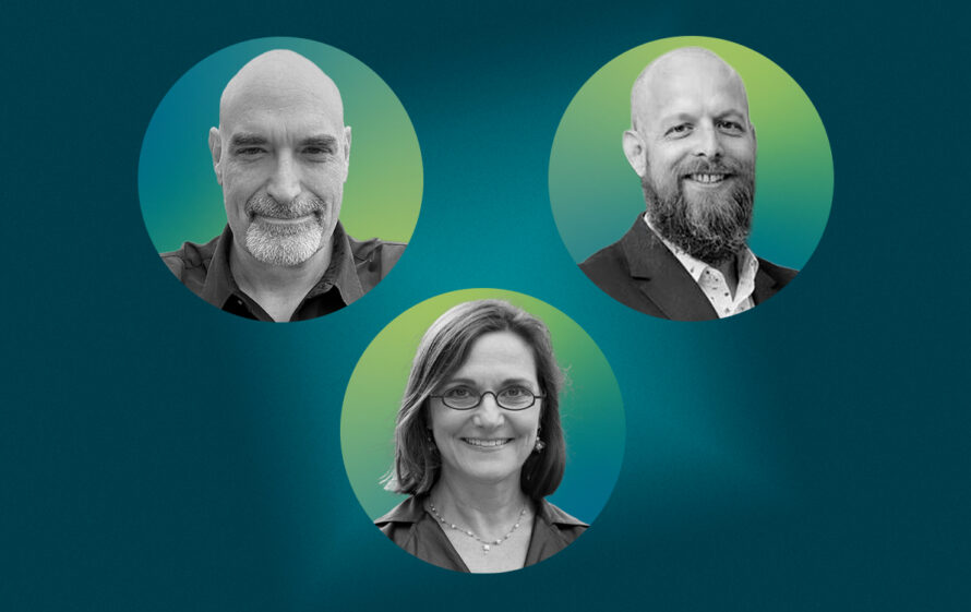 Three portraits of different scientists on a blue-green gradient background
