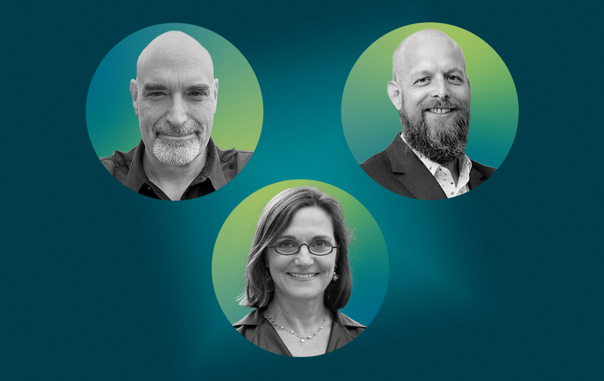 Three portraits of different scientists on a blue-green gradient background