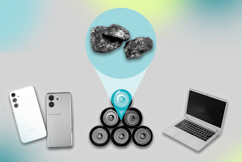 Collage of phones, batteries, and a computer. Chunks of graphite are highlighted in a blue circle.