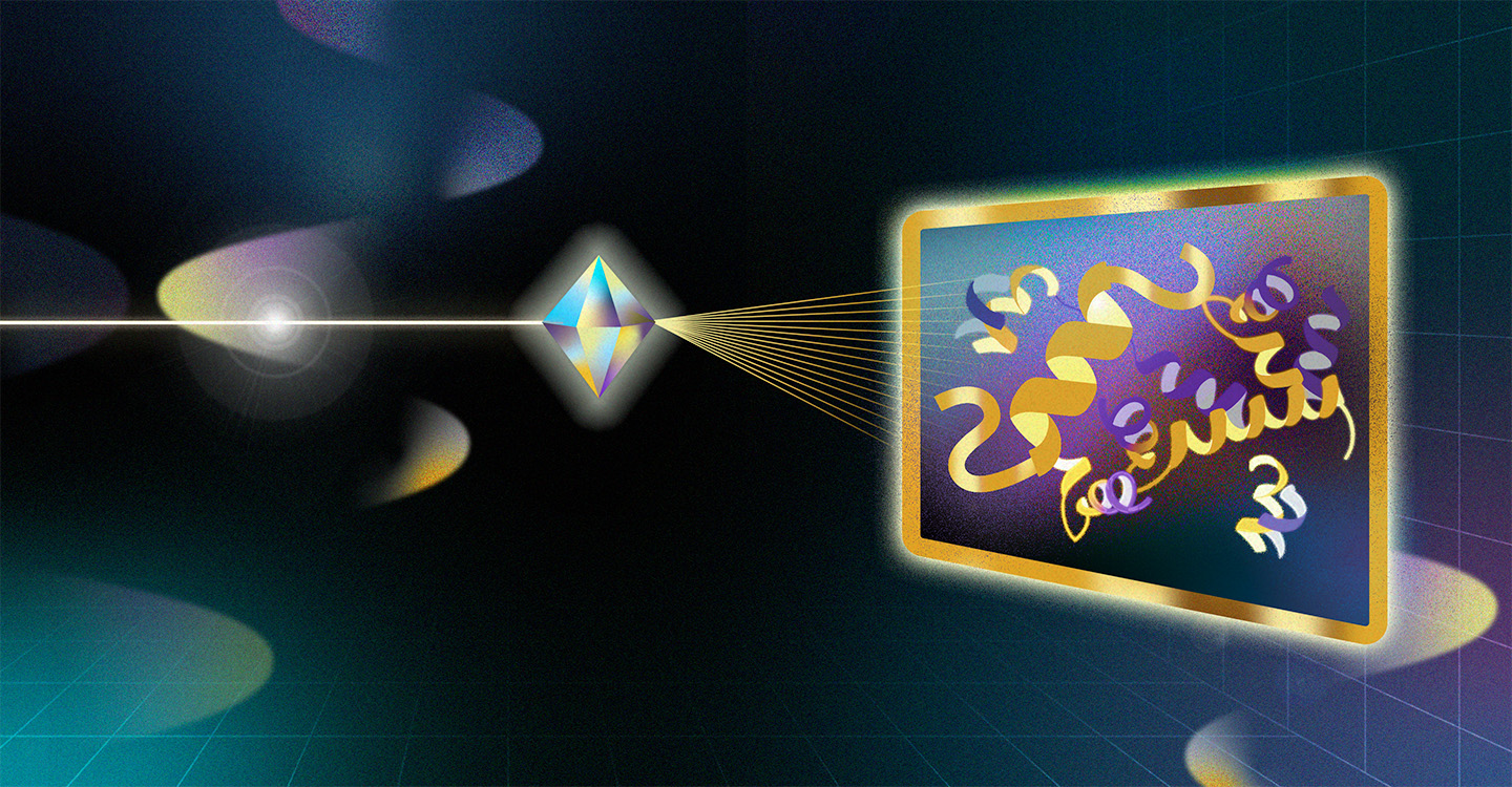 An illustration showing a beam of light passing through a multi-faceted crystal, scattering onto a framed screen that displays stylized, colorful protein ribbon structures.