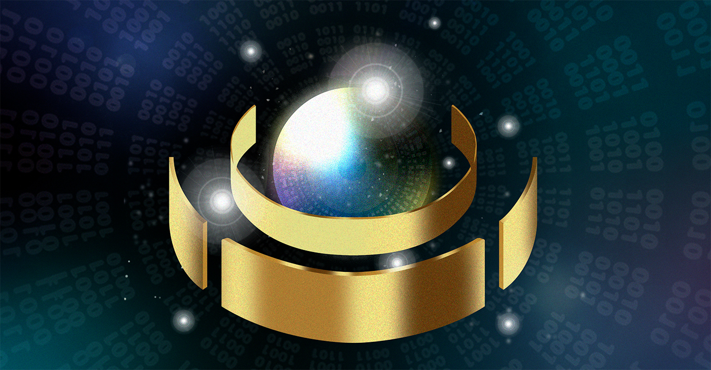 An illustration of a glowing central sphere wrapped by curved golden bands against a dark background filled with floating binary code numbers.
