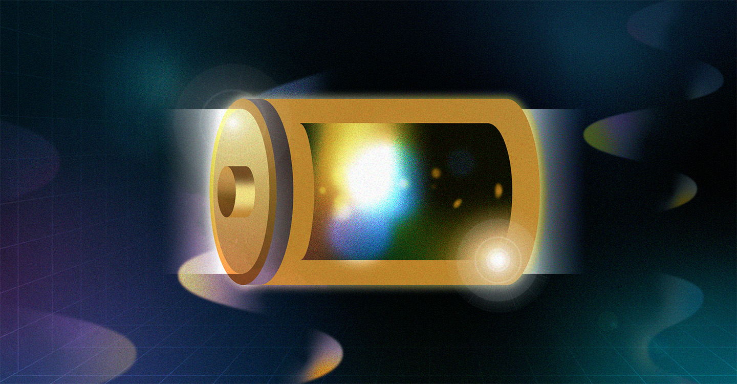 An illustration of a golden battery shell housing a glowing interior of bright light and floating particles against a dark, subtle grid background.