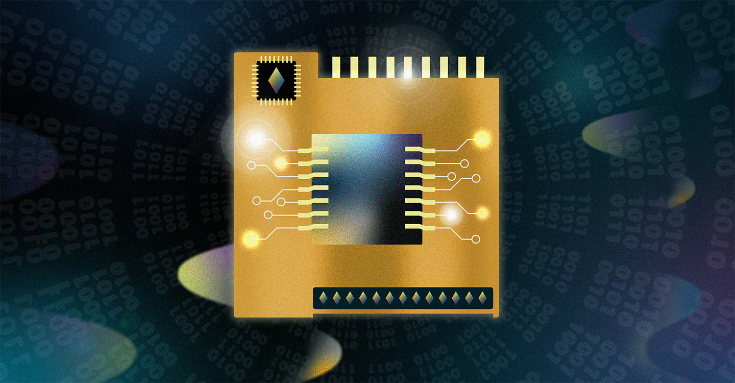 An illustration of a gold microchip component with circuit traces and glowing connection points set against a dark background pattern of binary digits.