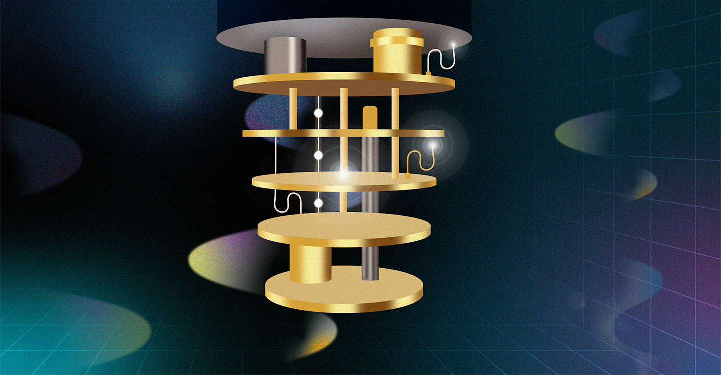 An illustration of a multi-tiered, golden quantum dilution refrigerator structure suspended vertically against a dark background with faint grid lines and light trails.
