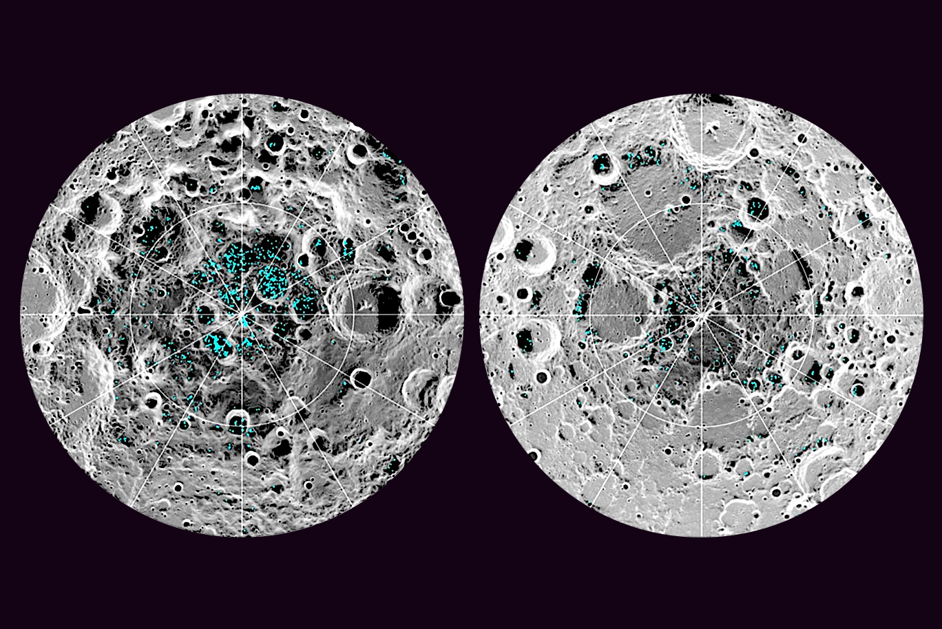 Two circular topographical maps on a black background displaying distribution of surface ice at the Moon's south pole (left) and north pole (right). Blue represents the ice locations, plotted over an image of the lunar surface, where the gray scale corresponds to surface temperature (darker representing colder areas and lighter shades indicating warmer zones)