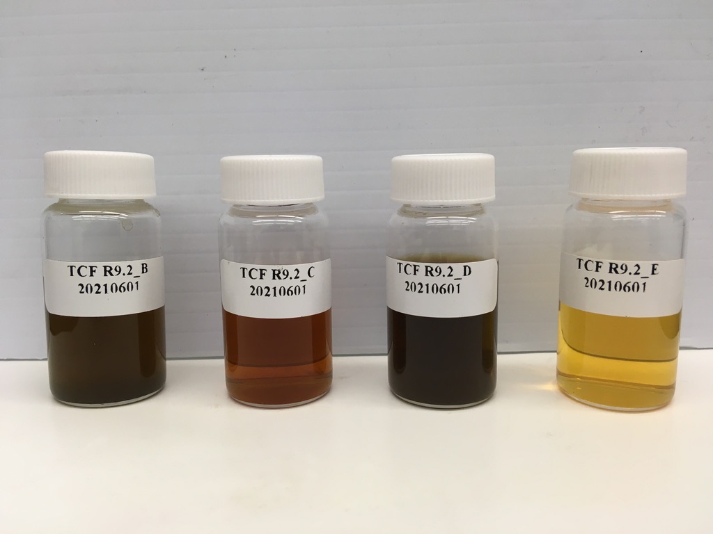 Lignin-derived products resulting from the methanol solvent-based process using different catalytic reagents. The different colors indicate different reaction levels. These substrates serve as intermediates for benzylamines.