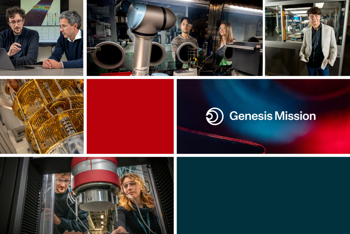 Gridded collage of researchers with science equipment, including magnets, robots, and a dilution refrigerator. One rectangle contains the Genesis Mission logo.
