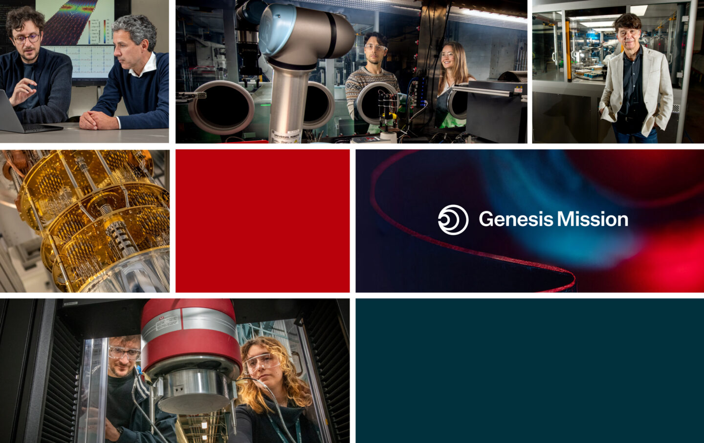 Gridded collage of researchers with science equipment, including magnets, robots, and a dilution refrigerator. One rectangle contains the Genesis Mission logo.