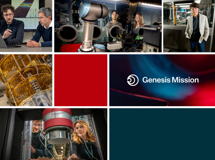 Gridded collage of researchers with science equipment, including magnets, robots, and a dilution refrigerator. One rectangle contains the Genesis Mission logo.