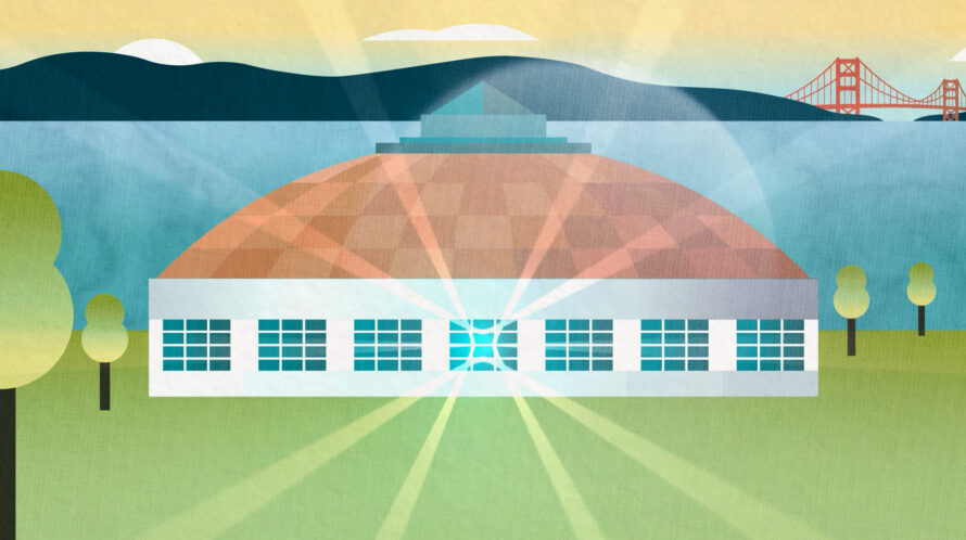 An illustration of a large white building with a segmented orange dome roof, situated on a green lawn beside a body of water. Bright rays of light shine outward from a glowing center window. In the background, dark hills sit across the water, with the Golden Gate Bridge visible on the far right under a stylized, pale sky.