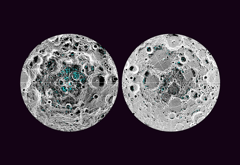 Two circular topographical maps on a black background displaying distribution of surface ice at the Moon's south pole (left) and north pole (right). Blue represents the ice locations, plotted over an image of the lunar surface, where the gray scale corresponds to surface temperature (darker representing colder areas and lighter shades indicating warmer zones)