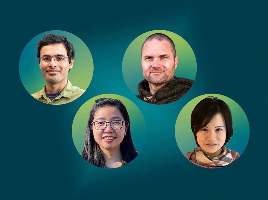 Portraits of four researchers against a navy background.