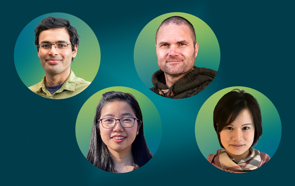 Portraits of four researchers against a navy background.