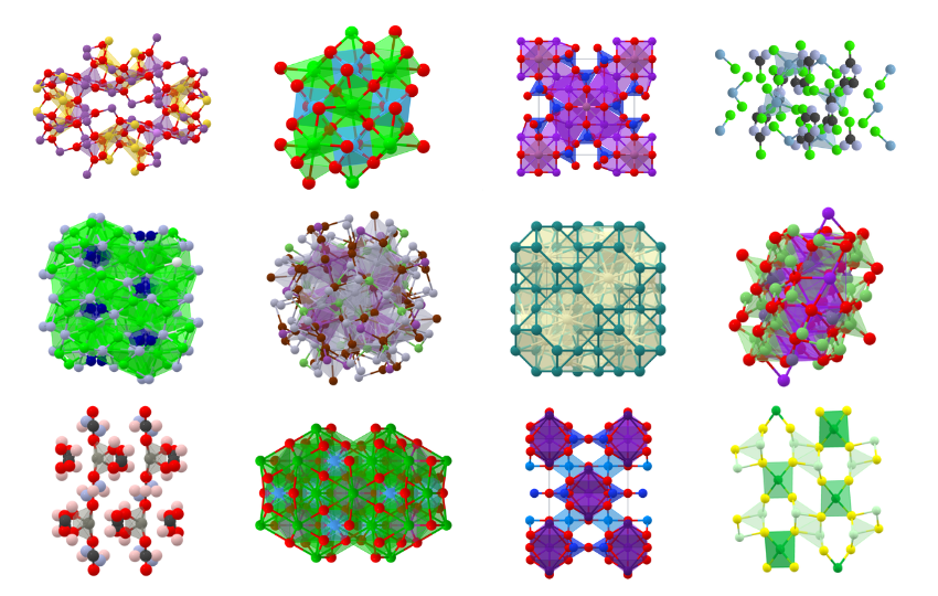 Structures of 12 compounds in the Materials Project database.