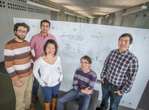 Adam Arkin's research group includes (from left) Guillaume Cambray, Quynh-Ahn Mai, Vivek Mutalik, Joao Guimaraes and Colin Lam. (Photo by Roy Kalstschmidt)