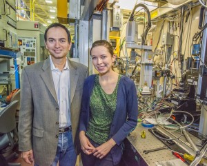 Nitash Balsara and Katherine Harry at ALS beamline 8.3.2 where they shed important new light on the dendrite problem in lithium batteries. (Photo by Roy Kaltschmidt)