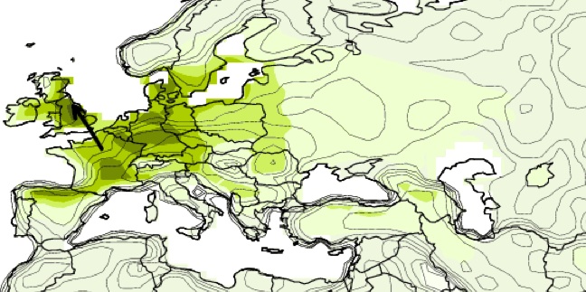 A climate model projection showing the movement of climates. By the end of the century, the climate currently found in France may have moved to northern England.