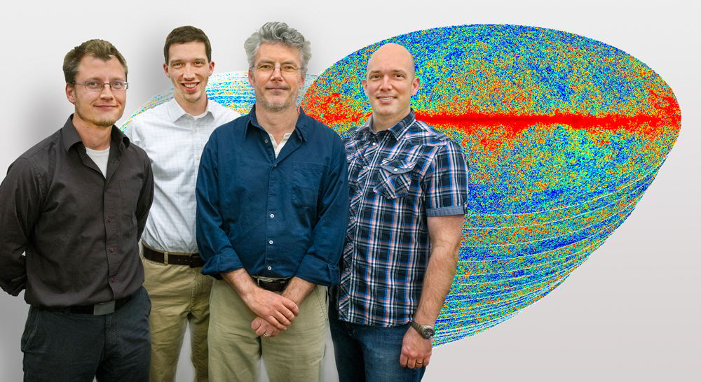 From left, Reijo Keskitalo, Aaron Collier, Julian Borrill, and Ted Kisner of the Computational Cosmology Center with a few of the many thousands of simulations they worked to create for Planck Full Focal Plane 6. (Photo by Roy Kaltschmidt) 