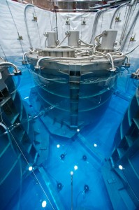  Daya Bay’s detectors are immersed in the large water pools of the muon veto system.  (Photo by Roy Kaltschmidt)