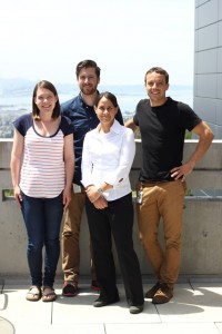 (From left) Amy Bergerud,  Evan Runnerstrom,  Delia Milliron and Sebastien Lounis were part of a team at Berkeley Lab’s Molecular Foundry that demonstrated the importance of dopant distribution in semiconductors. (Photo by Tracy Mattox)