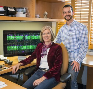 Jennifer Doudna and Samuel Sternberg used a combination of single-molecule imaging and bulk biochemical experiments to show how the RNA-guided Cas9 enzyme is able to locate specific 20-base-pair target sequences within genomes that are millions to billions of base pairs long. (Photo by Roy Kaltschmdit)