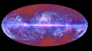 The microwave sky as seen by Planck. Mottled structure of the CMB, the oldest light in the universe is displayed in the high-latitude regions of the map. The central band is the plane of our Galaxy. (Courtesy of European Space Agency)