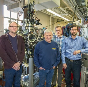 From left, Aaron Bostwick, Charles Fadley, Jim Ciston and Alex Gray at the Advanced Light Source’s Beamline 7.0.1. (Photo by Roy Kaltschmidt)