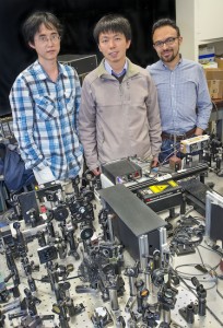 Long Ju, Feng Wang and Jairo Velasco Jr., have been using visible light to charge-dope semiconductors made from graphene and boron nitride. (Photo by Roy Kaltschmidt)