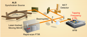 Experimental setup for SINS that includes the synchrotron light source, an atomic force microscope, a rapid-scan Fourier transform infrared spectrometer, a beamsplitter, mirrors and a detector. 