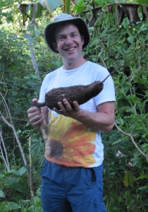 DOE JGI’s Simon Prochnik with a cassava in French Polynesia (Courtesy of Simon Prochnik)