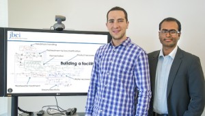 Daniel Klein-Marcuschamer (left) and Murthy Koda at the  Joint BioEnergy Institute (JBEI) are developing  technoeconomic models for optimizing biorefinery operations. (Photo by Roy Kaltschmidt)