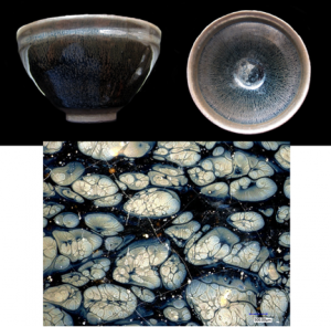 Modern replica of a Tenmoku tea bowl (top) with “oil spot” surface patterns. Close-up of the oil spot pattern from an ancient Jian ware provided by the musum of Jian province (bottom). Photo courtesy of Weidong Li and Zhi Liu.