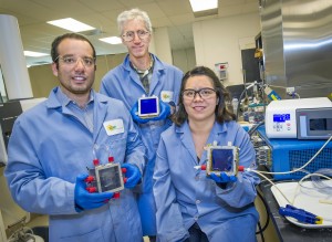 Miguel Modestino, Joel Ager and Rachel Segalman were part of the team that demonstrated the first fully integrated microfluidic test-bed for evaluating and optimizing solar-driven electrochemical energy conversion systems. (Photo by Roy Kaltschmidt)