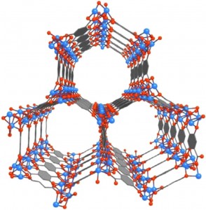Mg-MOF-74 is an open metal site MOF whose porous crystalline structure could enable it to serve as a storage vessel for capturing and containing the carbon dioxide emitted from coal-burning power plants before it enters the atmosphere. (National Academy of Sciences)