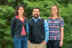 From left, Diana Cedeno, Gary Moore and Alexandra Krawicz of the Joint Center Artificial Photosynthesis conducted an efficiency analysis study of a unique photocathode material designed to store solar energy in hydrogen molecules. (Photo by Roy Kaltschmidt)