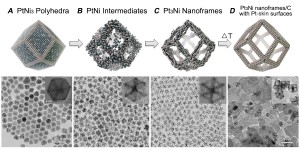 These schematic illustrations and corresponding transmission electron microscope images show the evolution of platinum/nickel from polyhedra to dodecahedron nanoframes with platinum-enriched skin. 