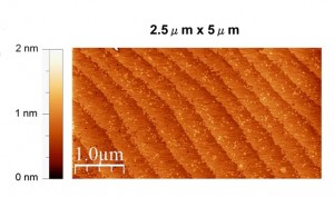 Surface topography of a 200 nanometer thick strontium titanate/ calcium titanate superlattice film on a strontium titanate substrate. 