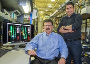 Robert Ritchie (left) and Hrishikesh Bale used a combination of FTIR spectroscopy and X-ray CT at the Advanced Light Source to find that vitamin D deficiency speeds the aging process of bone and reduces its quality. (Photo by Roy Kaltschmidt)