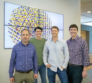 From left Bruce Cohen, Emory Chan, Dan Gargas and Jim Schuck led a study at the Molecular Foundry to develop ultra-small, ultra-bright nanoprobes that should be a big asset for biological imaging, especially imaging neurons in the brain. (Photo by Roy Kaltschmidt)
