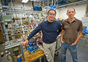 Dean Toste (left) and Elad Gross led a team that developed a technique which allows the catalytic reactivity inside a microreactor to be mapped in high resolution from start-to-finish. (Photo by Roy Kaltschmidt)