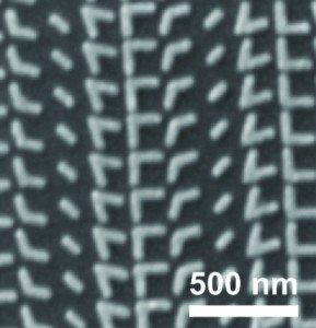 Scanning electron microscopy image of a metasurface comprised of V-shaped antennas with a variety of arm configuations. 