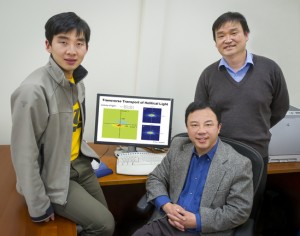 (From left) Ziliang Ye, Xiang Zhang and Xiaobo Yin used metamaterials to create a giant photonic Spin Hall Effect, an optical phenomenont that could play a prominent role in the future of computing. (Photo by Roy Kaltschmidt)
