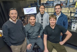 From left Xiang Zhang, Haim Suchowski, Zi Jing Wong, Kevin O'Brien and Alessandro Salandrino have created a nonlinear light-generating zero-index metamaterial that holds promise for future quantum networks and light sources. (Photo by Roy Kaltschmidt)