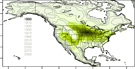 This climate model projection shows the movement of a midwestern prairie climate into the boreal forest zone.