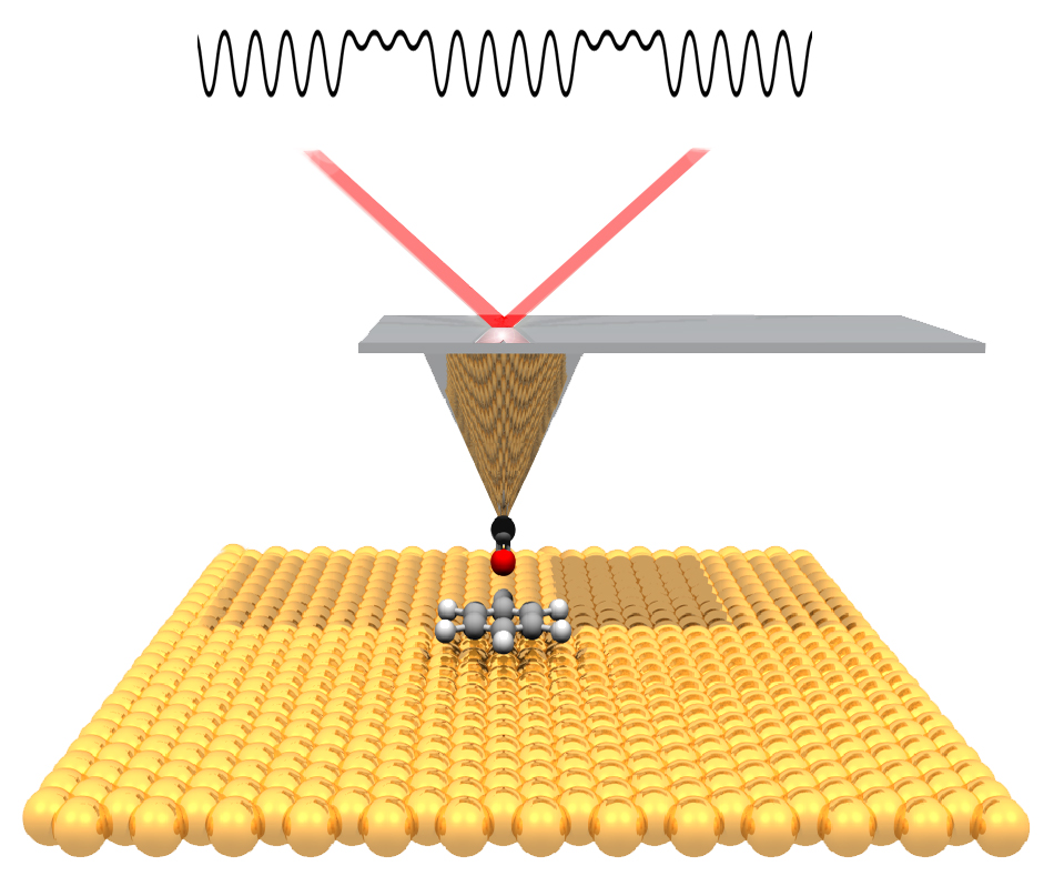 The single-atom tip of the noncontact atomic force microscope “feels” changes in the strength of electronic forces as it moves across the surface at a constant height. Resulting movements of the stylus are detected by a laser beam to compute images. 