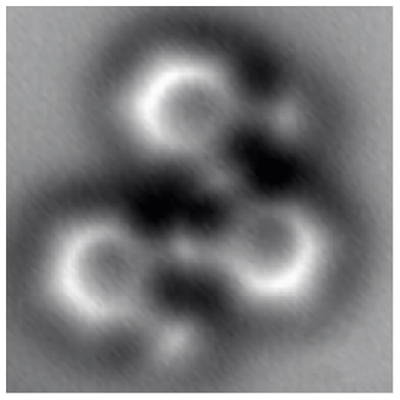 Almost as clearly as a textbook diagram, this image made by a noncontact atomic force microscope reveals individual atoms and bonds, in a molecule having 26 carbon atoms and 14 hydrogen atoms structured as three connected benzene rings. 