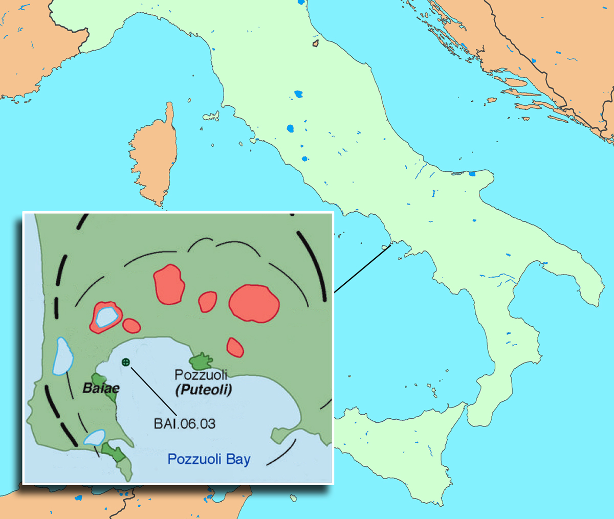 Pozzuoli Bay defines the northwestern region of the Bay of Naples. The concrete sample examined at the Advanced Light Source by Berkeley researchers, BAI.06.03, is from the ancient harbor of Baiae, one of many ancient underwater sites in the region. Black lines indicate caldera rims, and red areas are volcanic craters. (Click on image for best resolution.) 